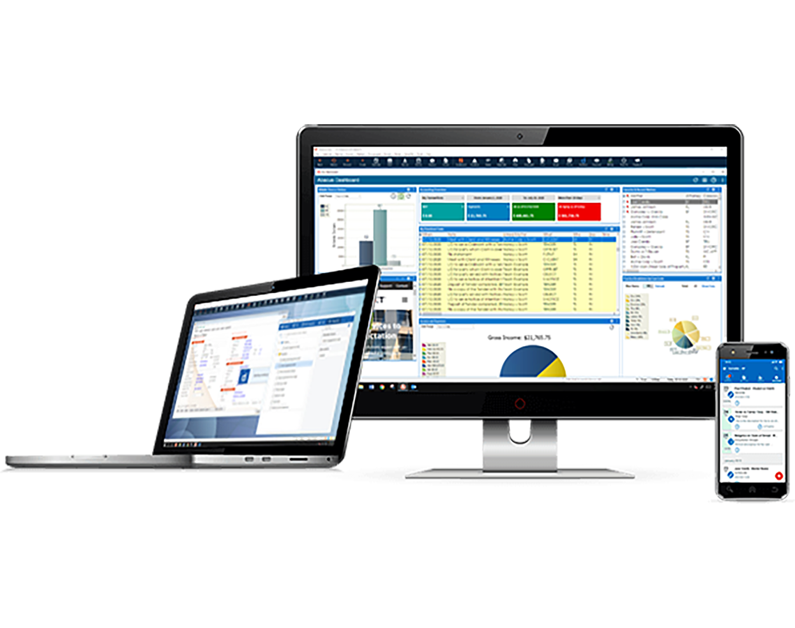 abacus law legal practice management software displayed on a desktop, tablet, and laptop screen