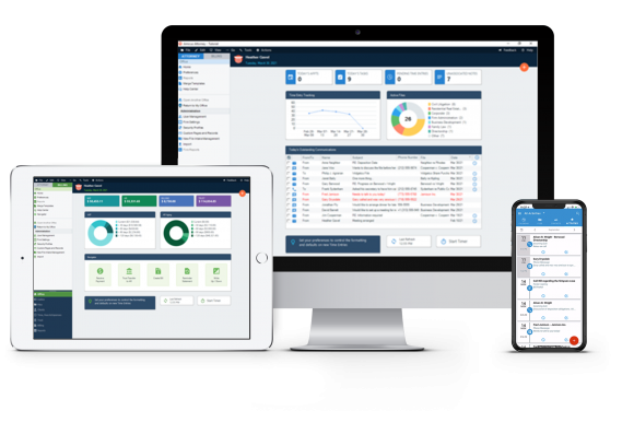 amicus attorney legal practice management software displayed on a desktop, tablet, and laptop screen